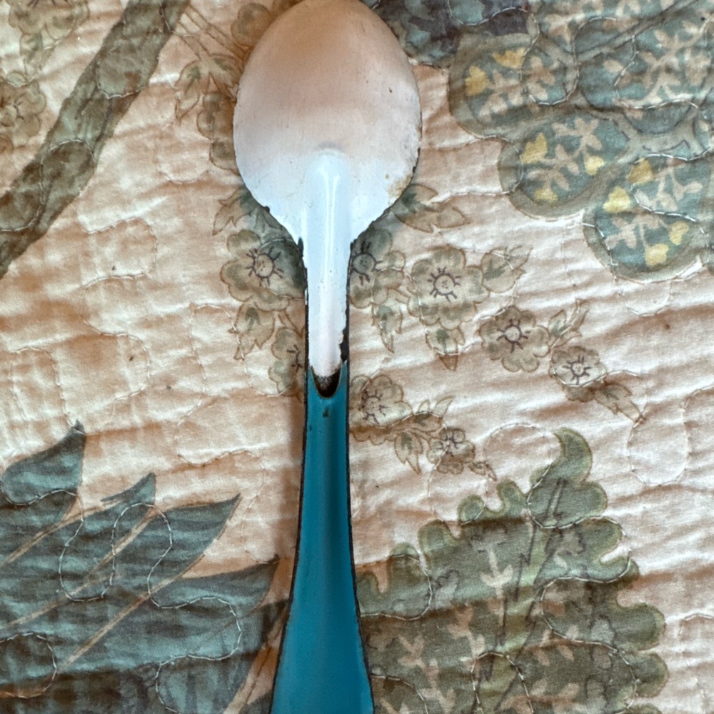 Authentic Vintage Teal & White Enamel Serving Spoon Enamelware - Picture 5 of 5